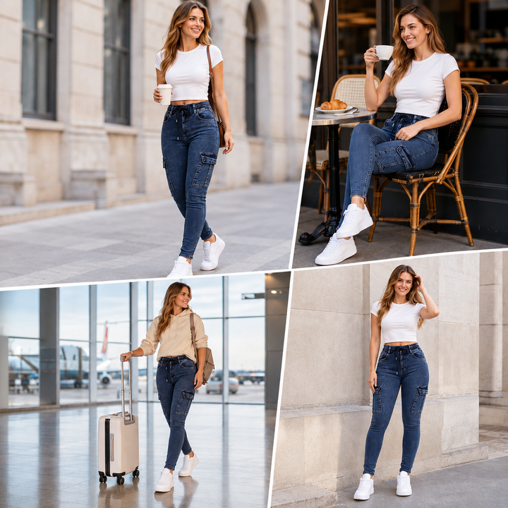 Fizala - Jeans Cargo Elasticizzati a Vita Alta