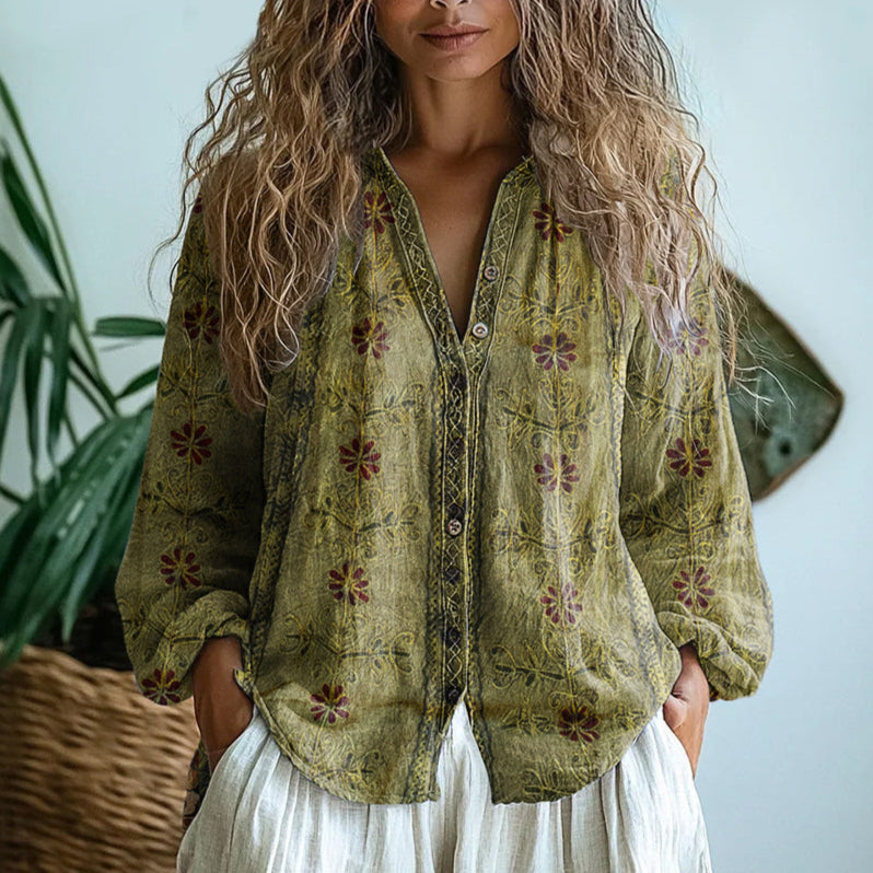 Ereinaa - Elegante Camicia Vintage Con Stampa a Foglie