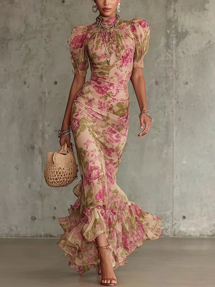 Erikka - Abito Floreale In Chiffon Con Orlo a Balze