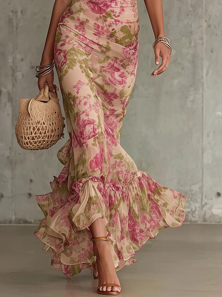 Erikka - Abito Floreale In Chiffon Con Orlo a Balze