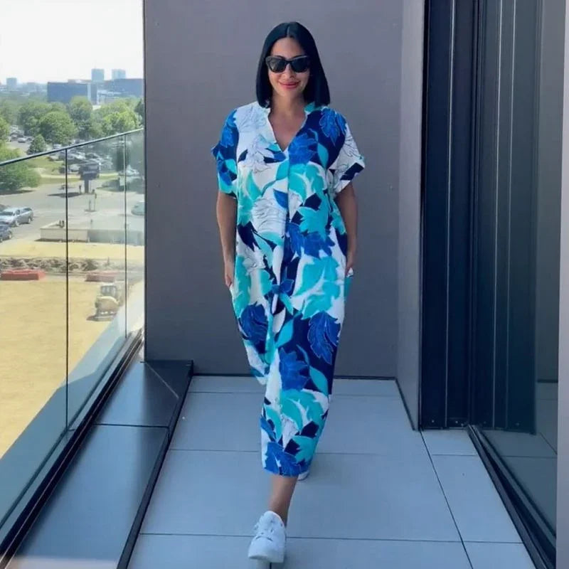 Gayathri - Elegante Abito lungo Con Motivo Floreale e Scollo a V