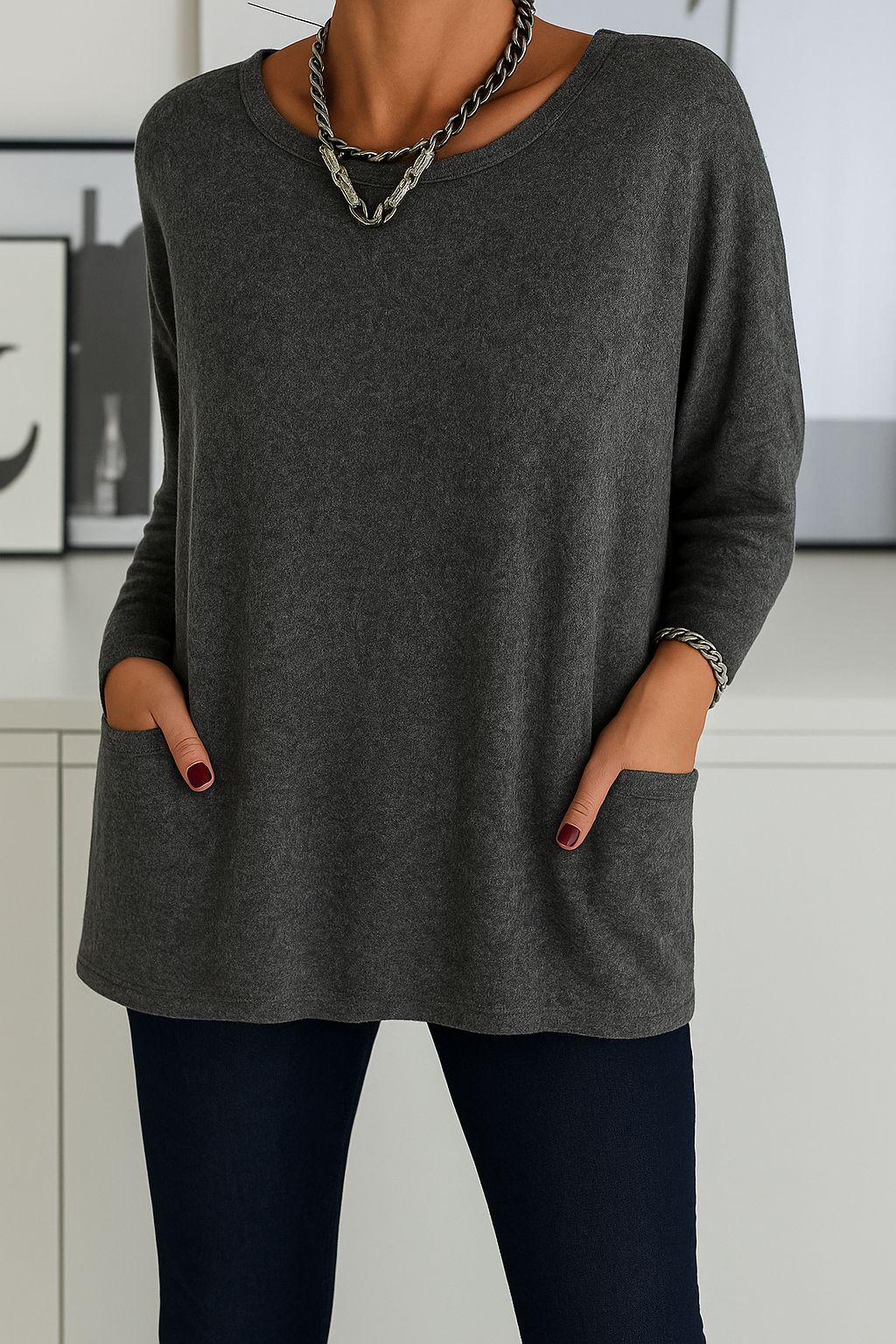Noryn - Maglione Oversize con Collo Rotondo e Tasche