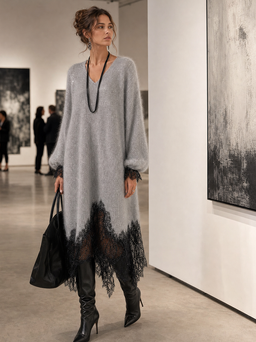 Samyra - Abito Midi in Maglia Con Pizzo