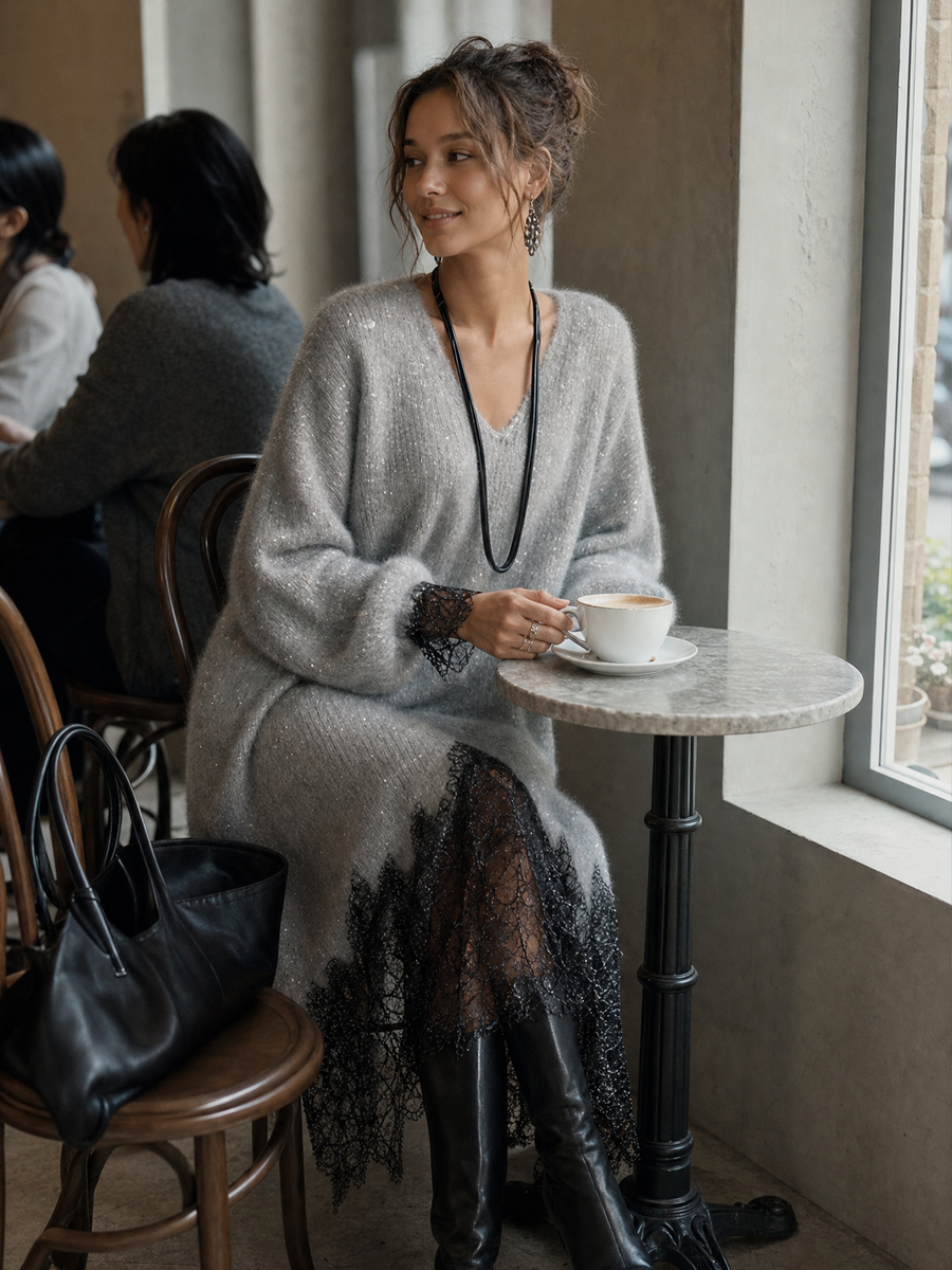 Samyra - Abito Midi in Maglia Con Pizzo