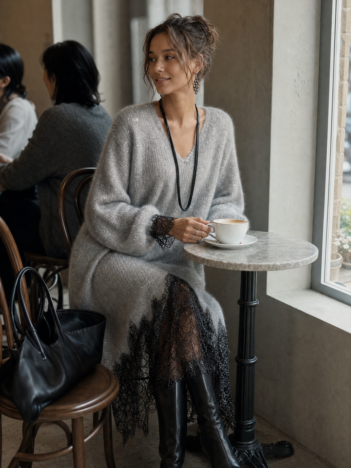 Samyra - Abito Midi in Maglia Con Pizzo