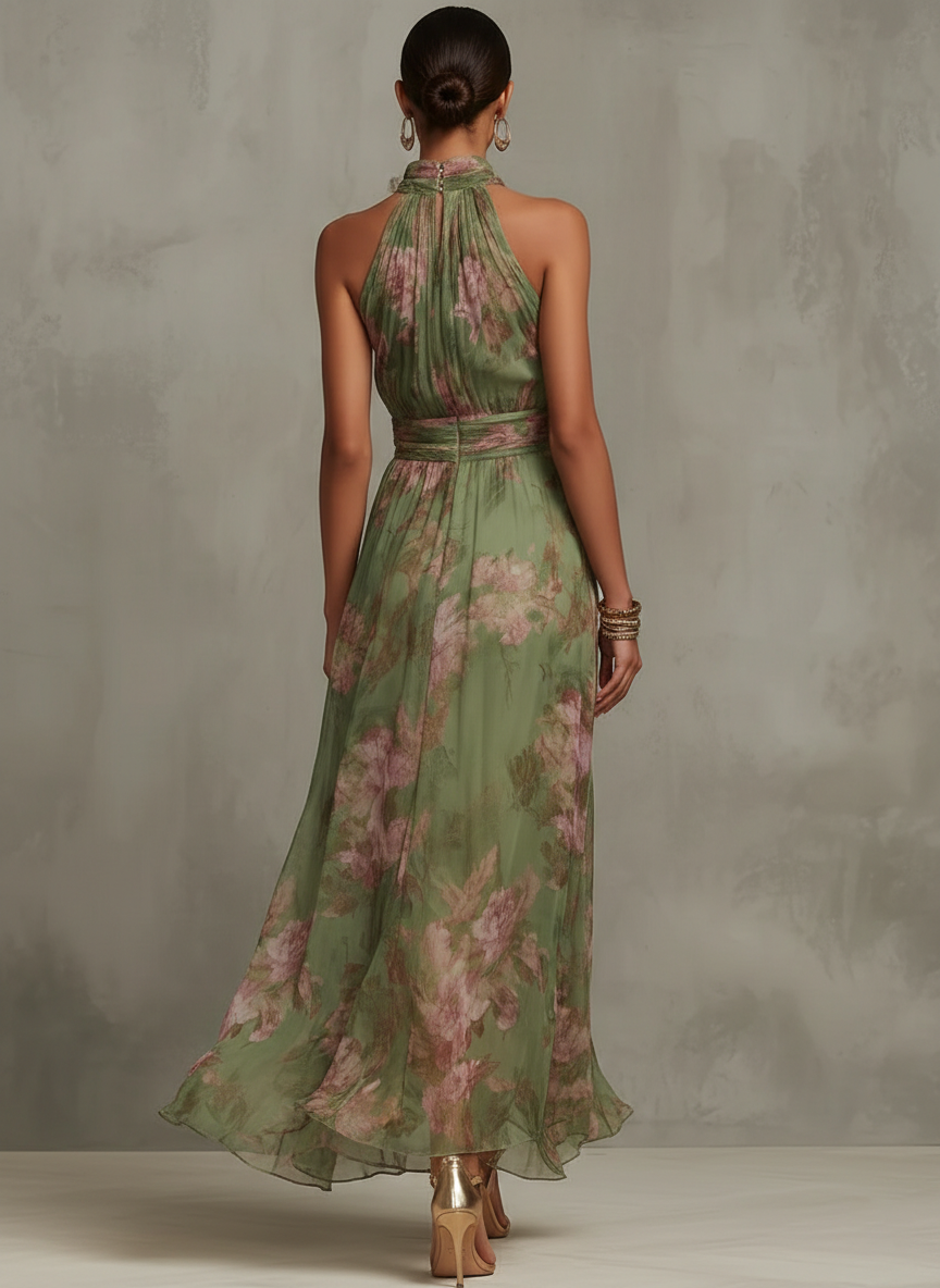 Livya - Elegante Abito lungo con Scollo All'americana e Motivo Floreale