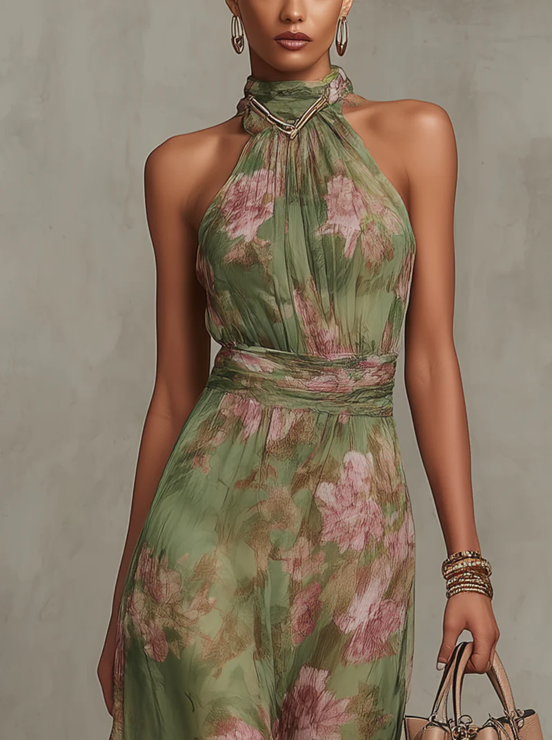 Livya - Elegante Abito lungo con Scollo All'americana e Motivo Floreale