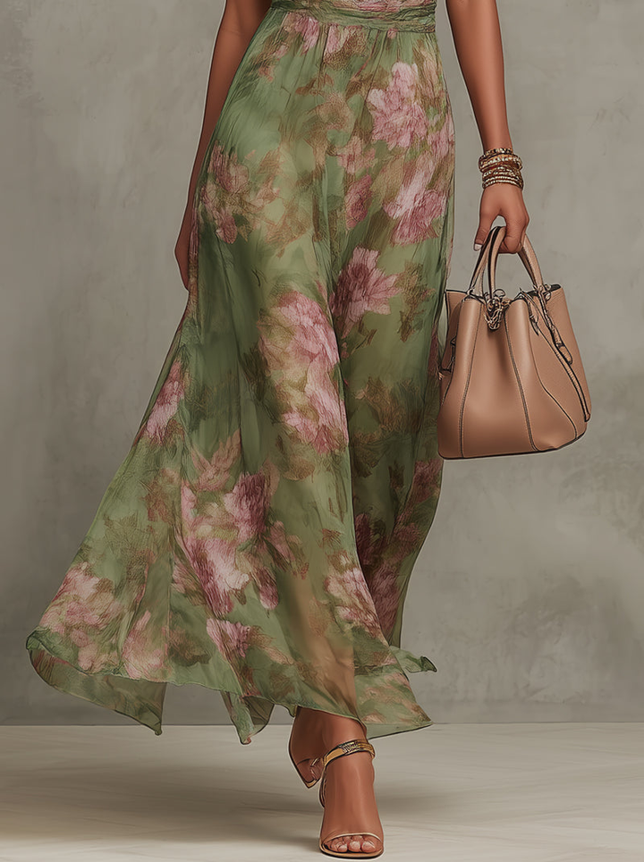 Livya - Elegante Abito lungo con Scollo All'americana e Motivo Floreale