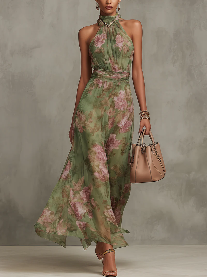 Livya - Elegante Abito lungo con Scollo All'americana e Motivo Floreale