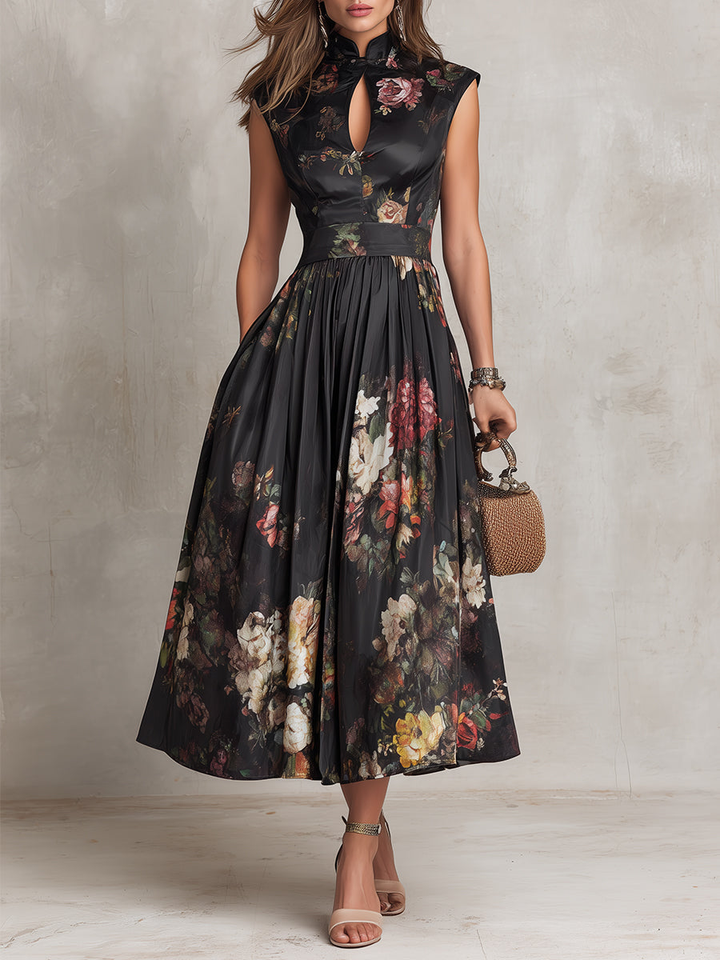 Littia - Abito In Raso a Fiori Con Pieghe