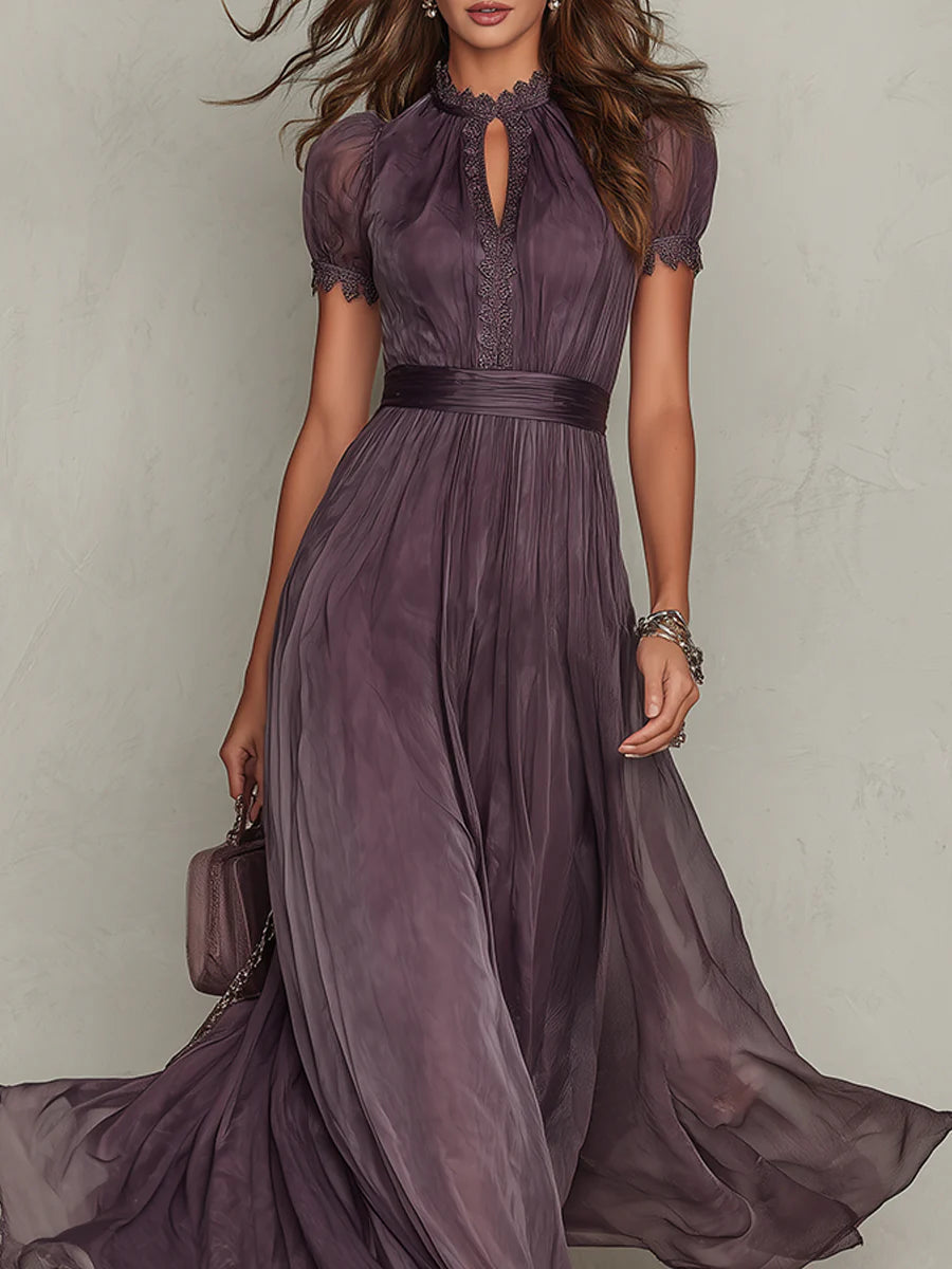 Cynthy - Abito Lungo Color Prugna Con Pizzo