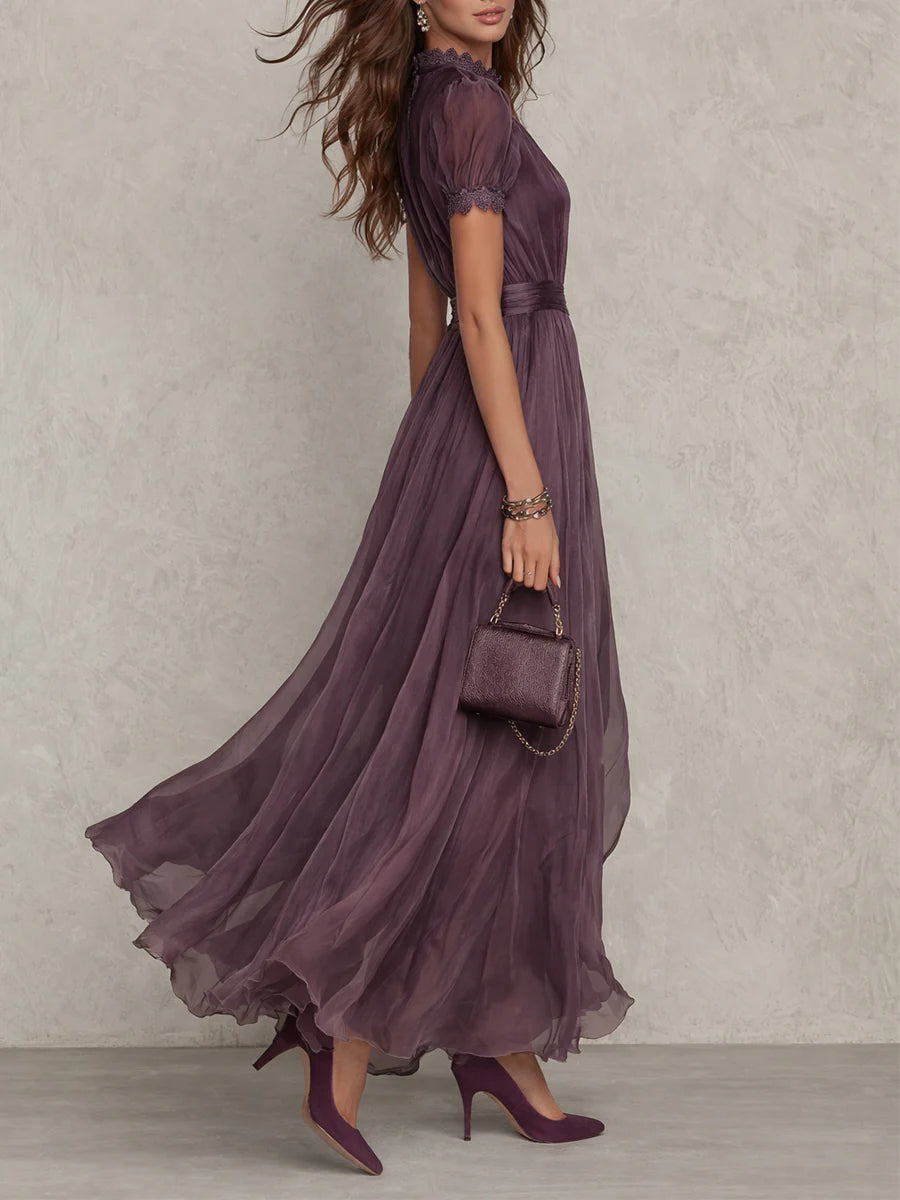 Cynthy - Abito Lungo Color Prugna Con Pizzo