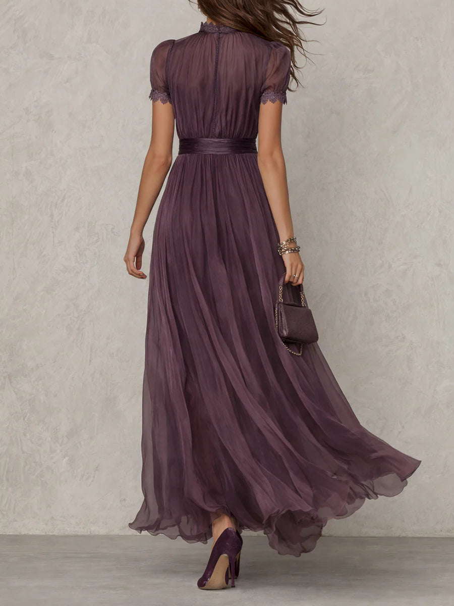 Cynthy - Abito Lungo Color Prugna Con Pizzo