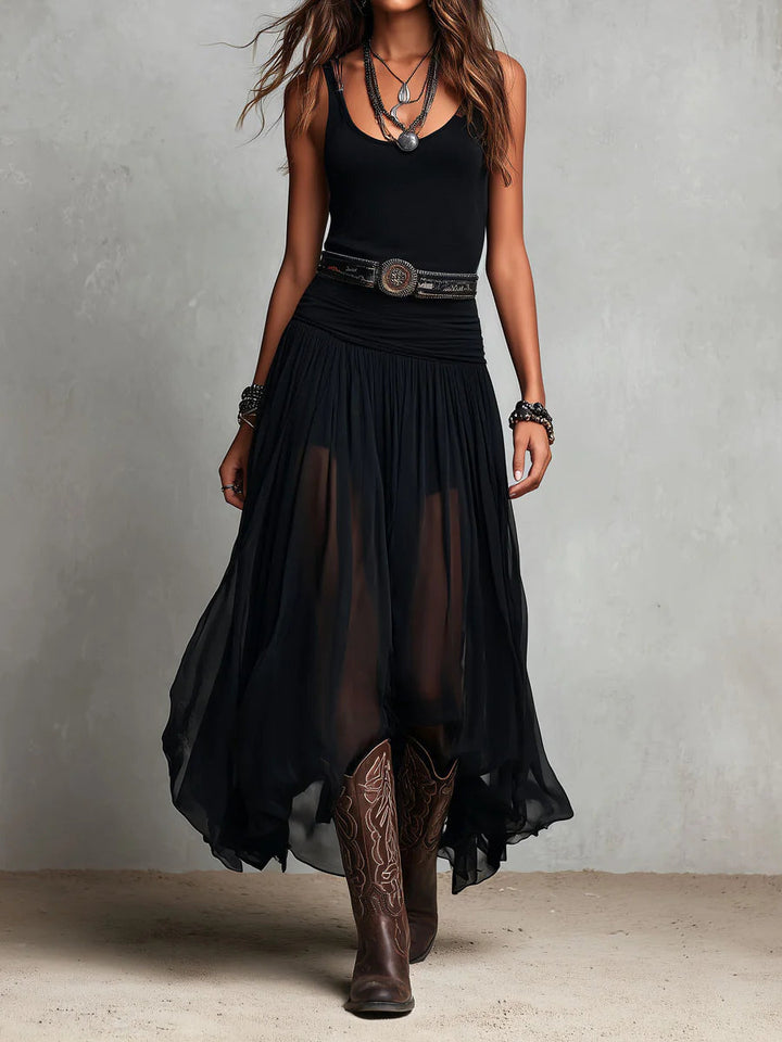 Odetta - Elegante Abito Lungo In Tulle Con Cintura