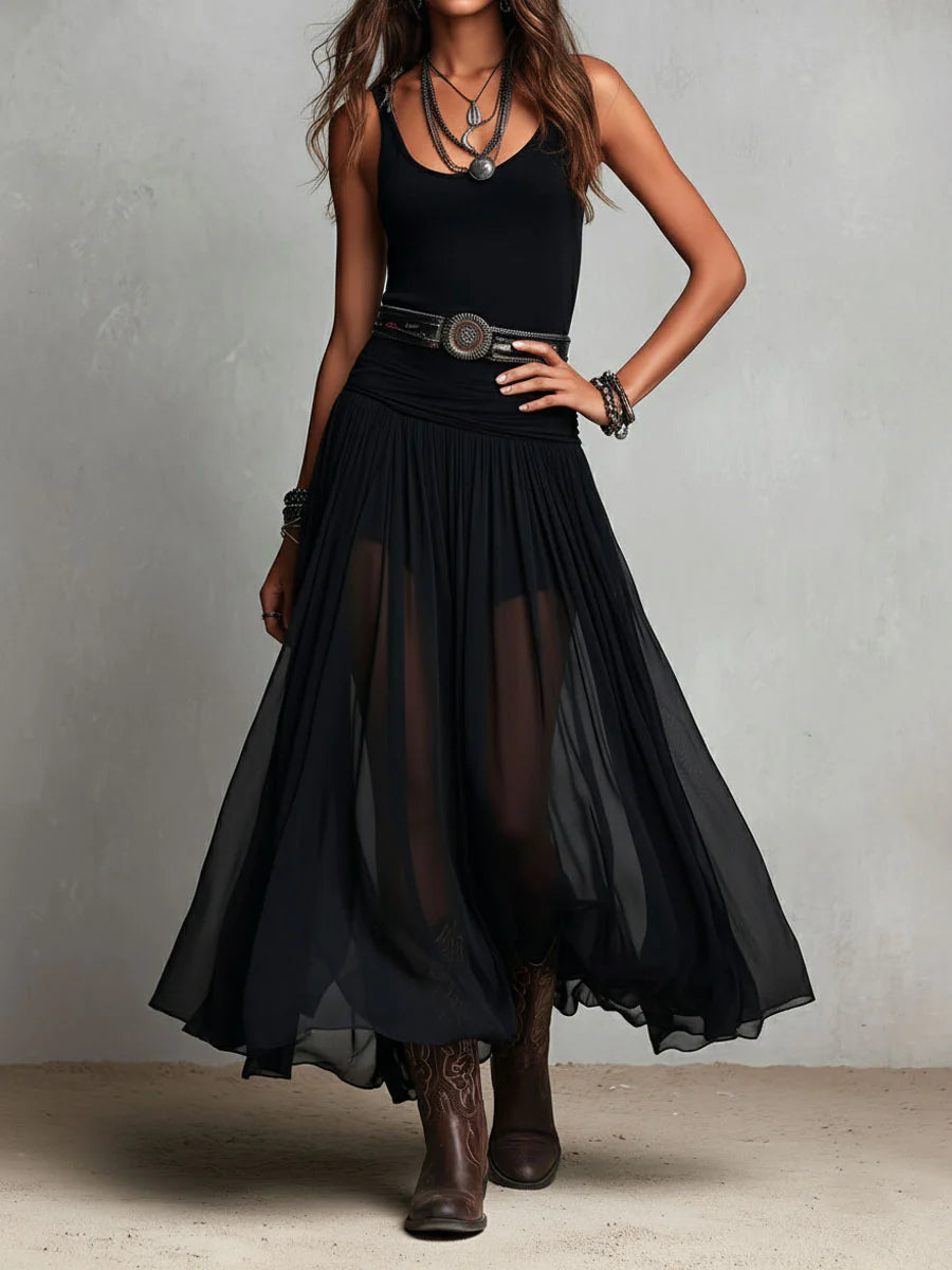 Odetta - Elegante Abito Lungo In Tulle Con Cintura