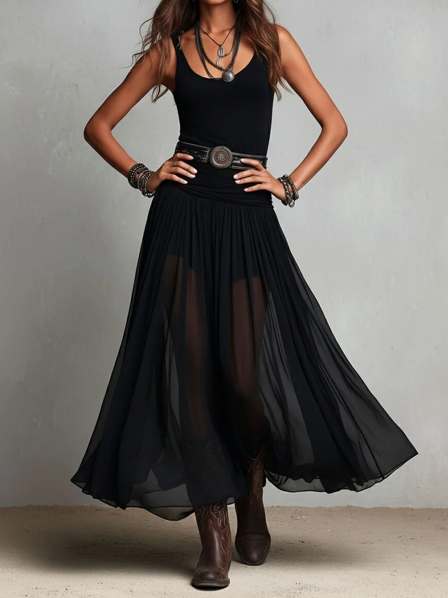 Odetta - Elegante Abito Lungo In Tulle Con Cintura