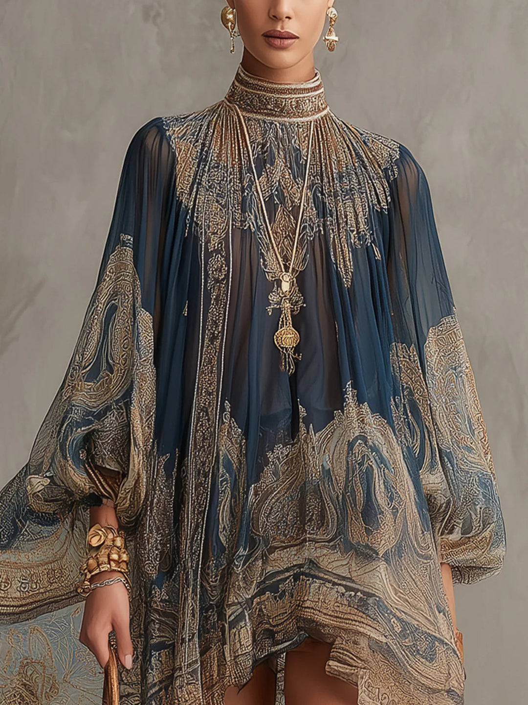Rhean - Miniabito in Chiffon Con Stampa Barocca Dorata