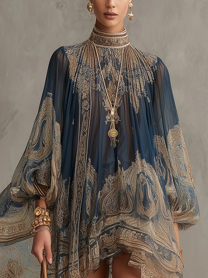 Rhean - Miniabito in Chiffon Con Stampa Barocca Dorata