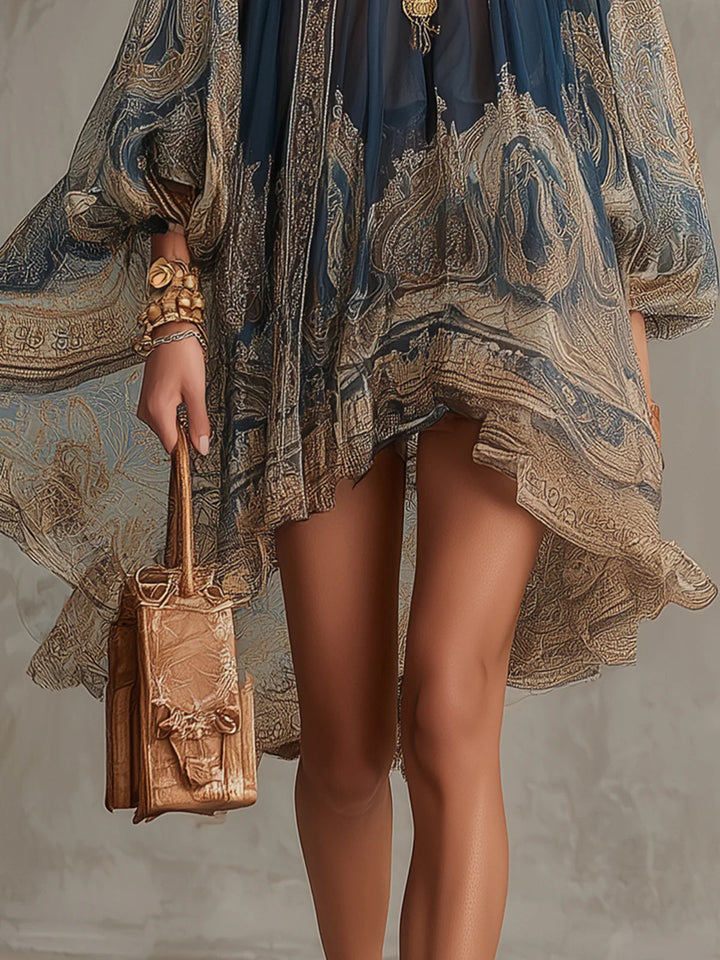 Rhean - Miniabito in Chiffon Con Stampa Barocca Dorata