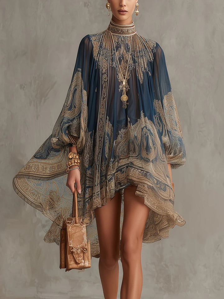 Rhean - Miniabito in Chiffon Con Stampa Barocca Dorata