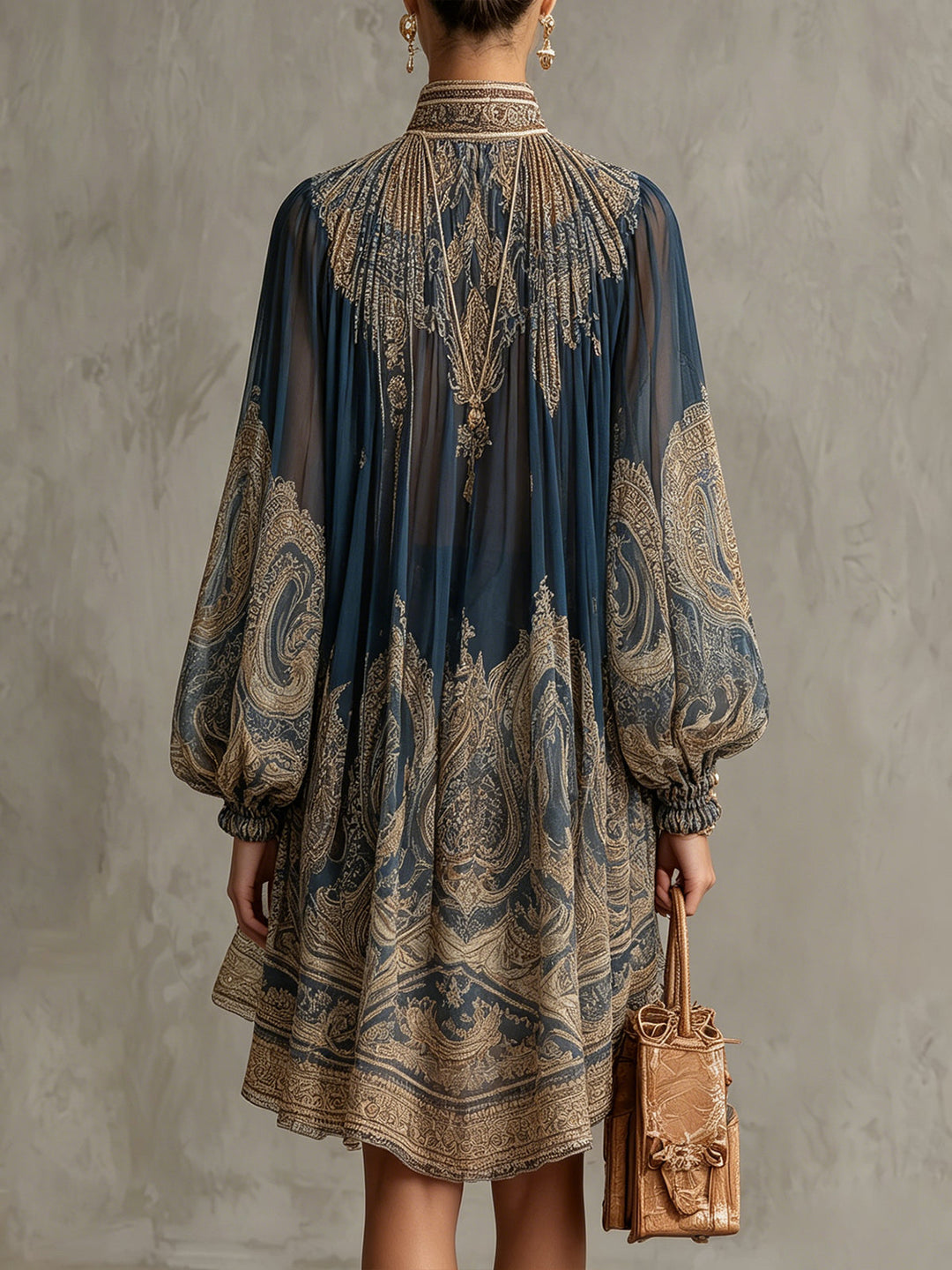 Rhean - Miniabito in Chiffon Con Stampa Barocca Dorata
