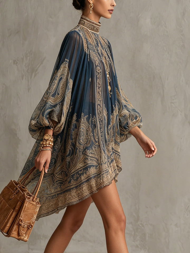 Rhean - Miniabito in Chiffon Con Stampa Barocca Dorata