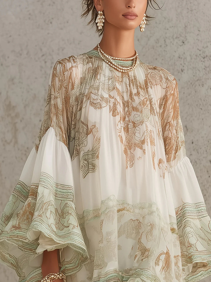 Reba - Miniabito in Chiffon Con Stampa Barocca E Balze a Cascata