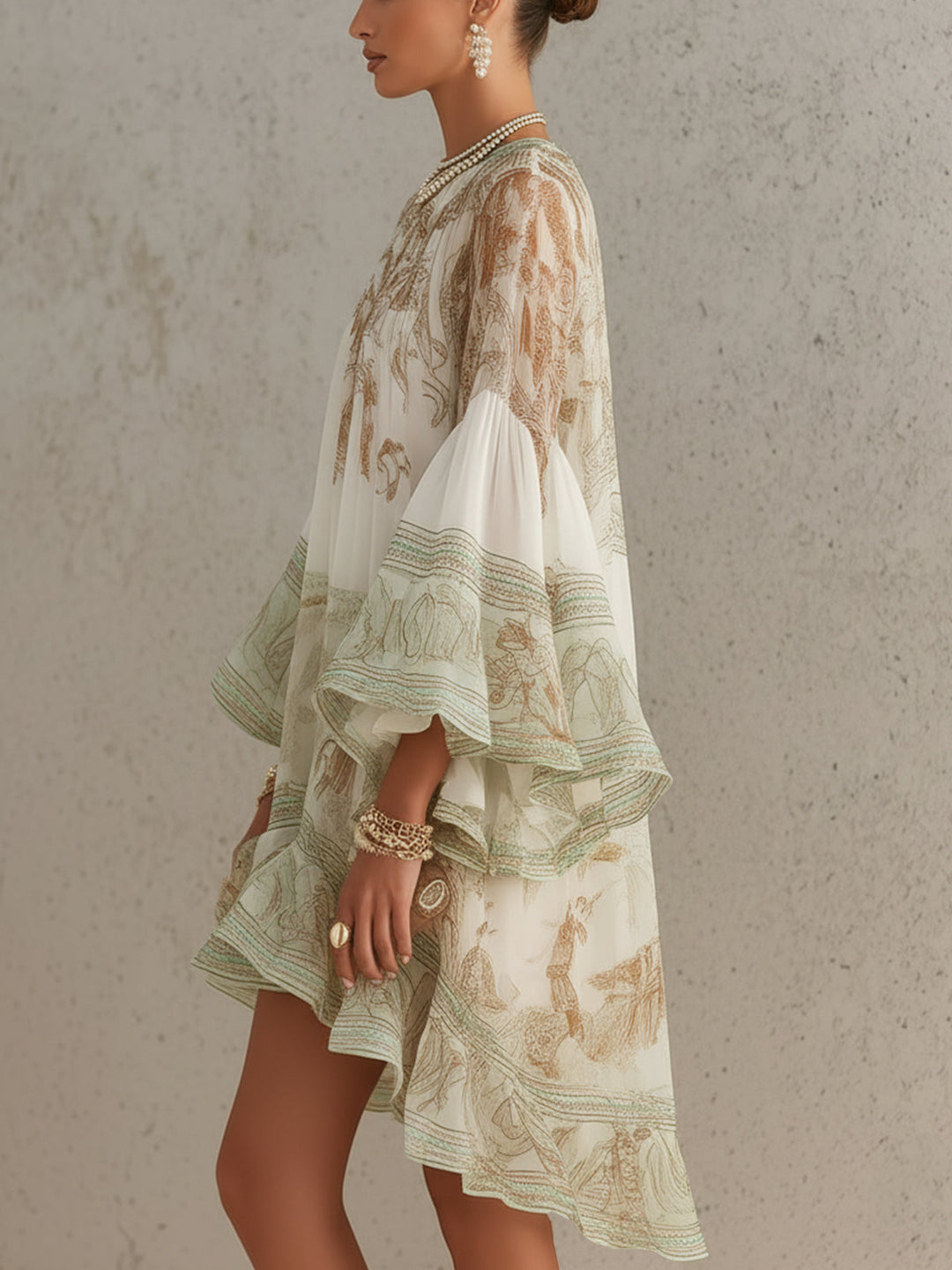 Reba - Miniabito in Chiffon Con Stampa Barocca E Balze a Cascata