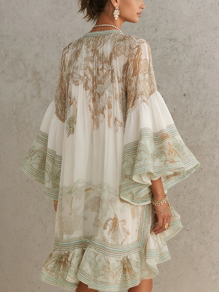 Reba - Miniabito in Chiffon Con Stampa Barocca E Balze a Cascata