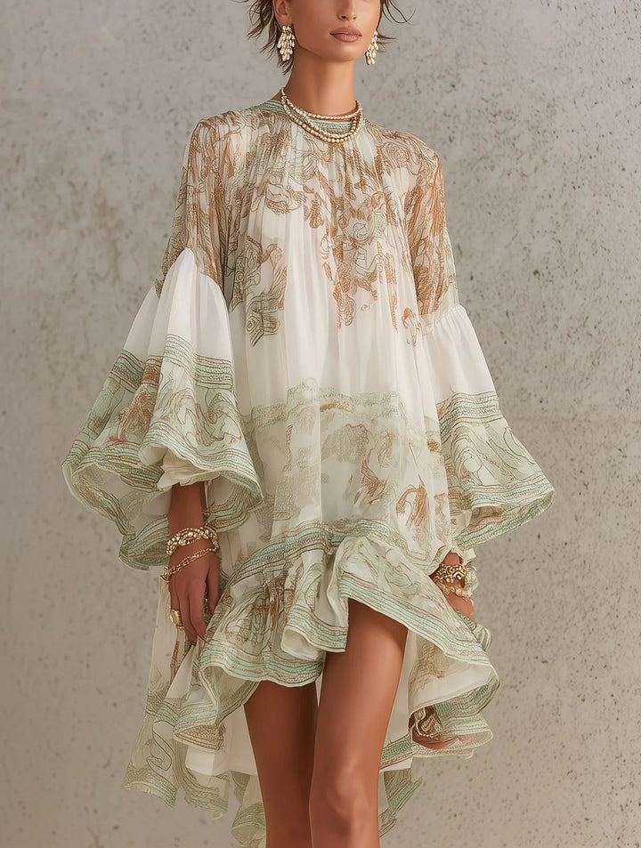 Reba - Miniabito in Chiffon Con Stampa Barocca E Balze a Cascata