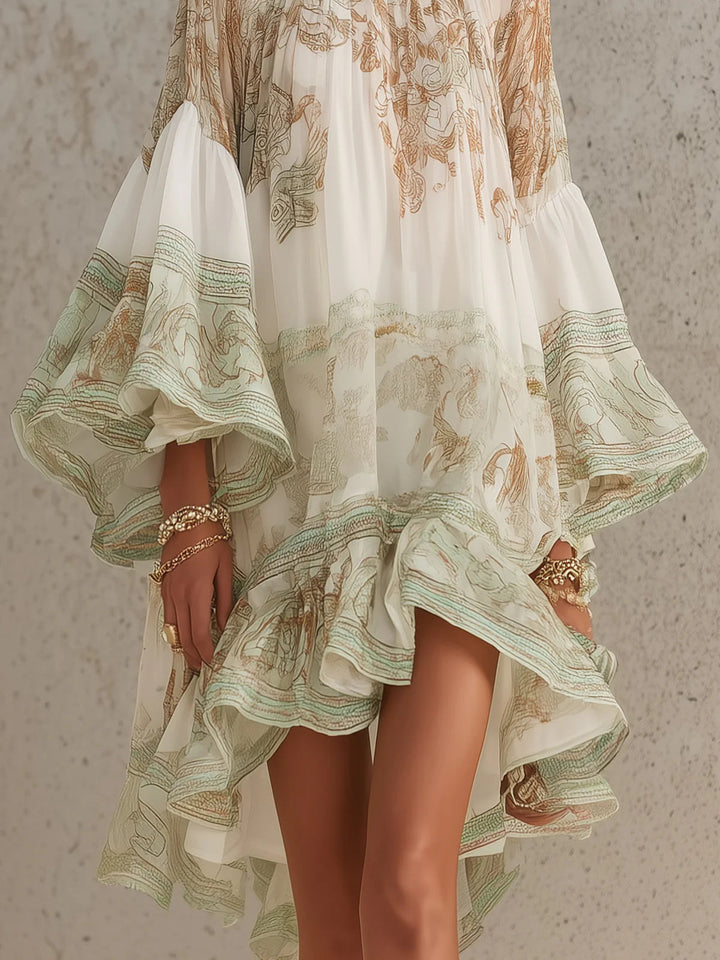 Reba - Miniabito in Chiffon Con Stampa Barocca E Balze a Cascata