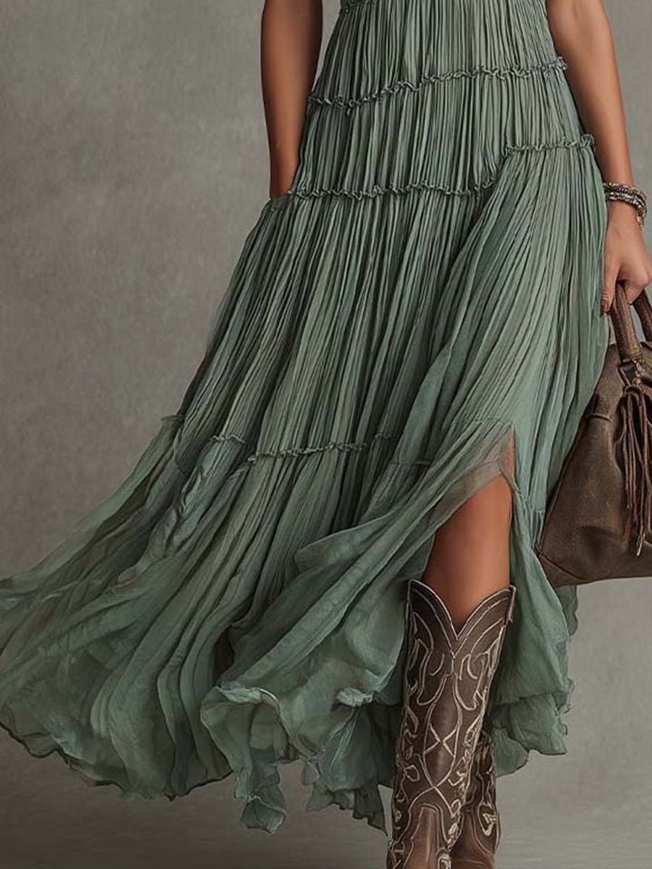 Sirikun - Abito Lungo Con Scollo a V in Chiffon Plissettato Verde Salvia