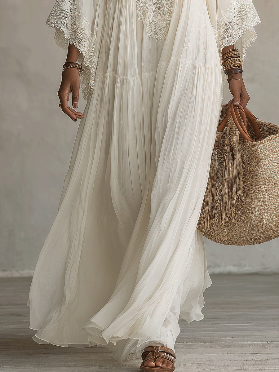 Shimmila - Abito Lungo in Chiffon Con Maniche a Pipistrello e Pizzo