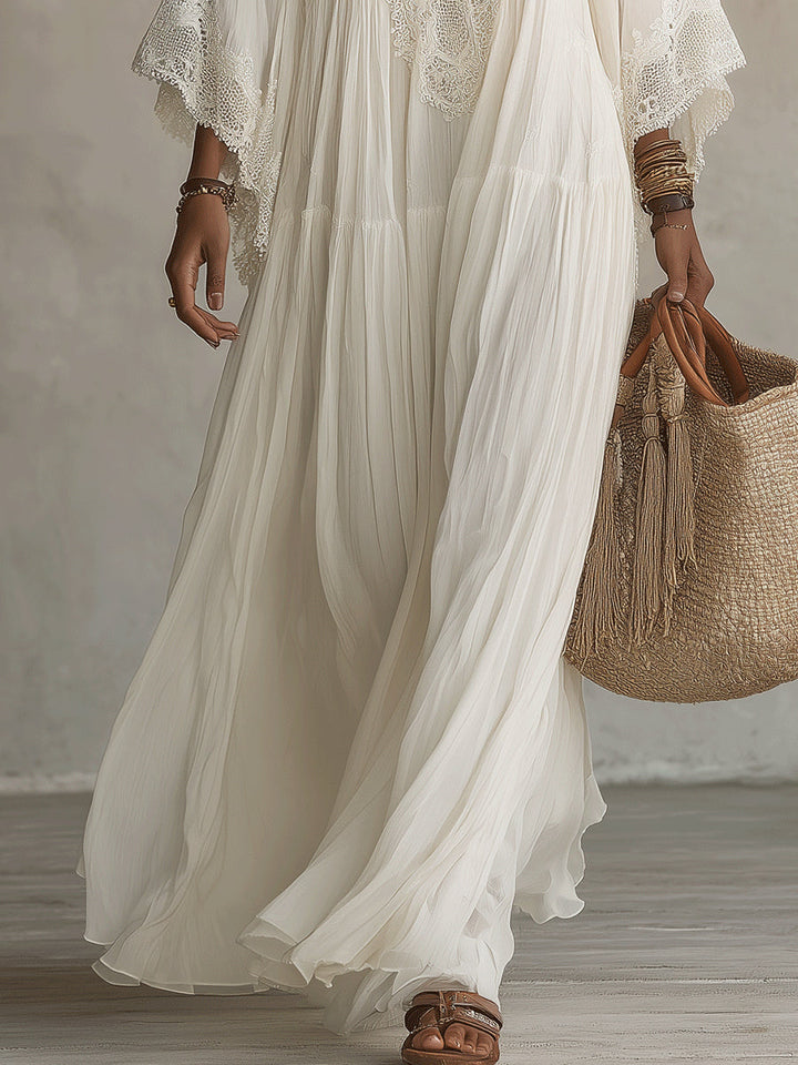 Shimmila - Abito Lungo in Chiffon Con Maniche a Pipistrello e Pizzo