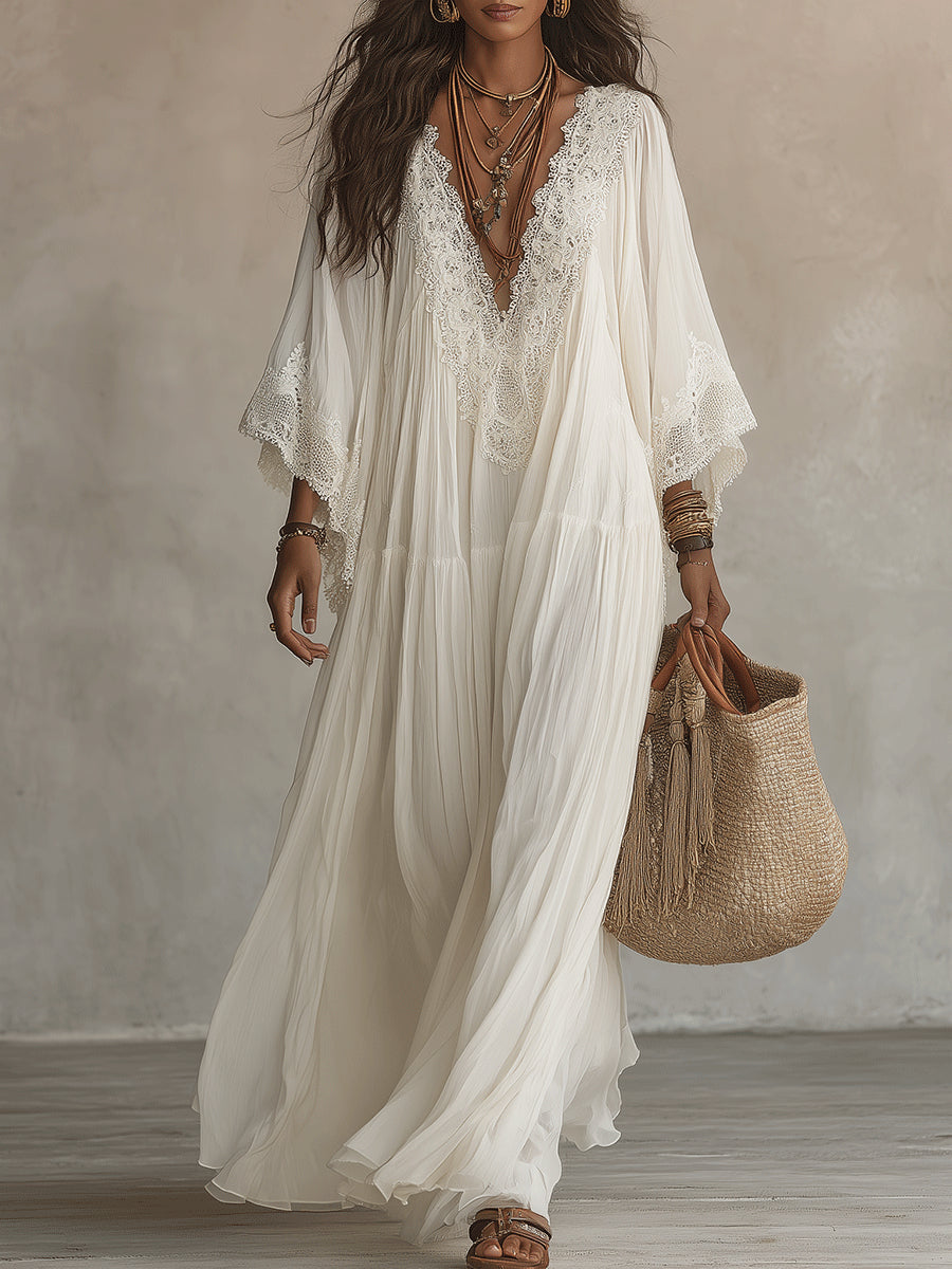 Ainura - Abito Lungo in Chiffon Color Avorio E Pizzo