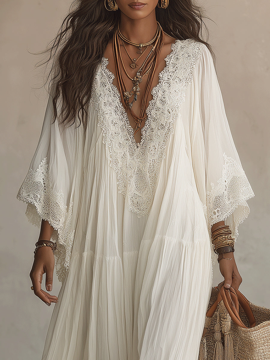 Shimmila - Abito Lungo in Chiffon Con Maniche a Pipistrello e Pizzo