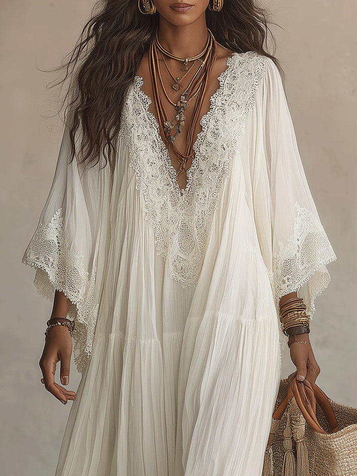 Shimmila - Abito Lungo in Chiffon Con Maniche a Pipistrello e Pizzo