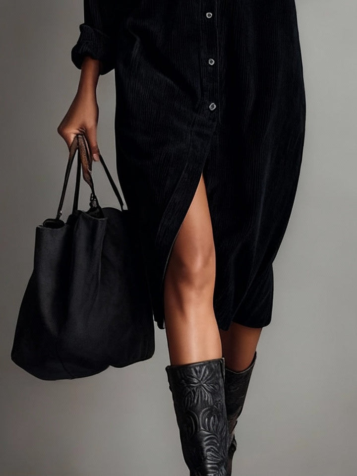 Nurcan - Abito Camicia Con Texture in Velluto a Coste e Tasche