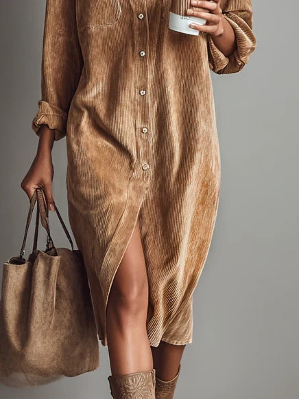 Nurcan - Abito Camicia Con Texture in Velluto a Coste e Tasche