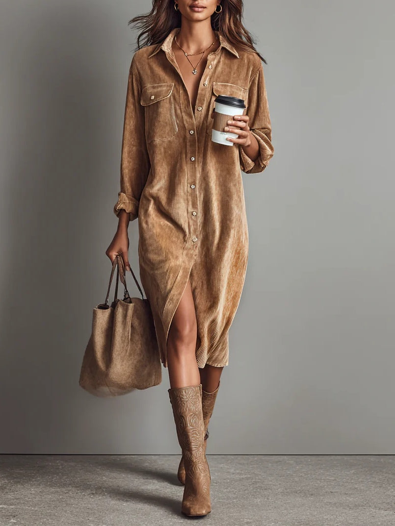 Nurcan - Abito Camicia Con Texture in Velluto a Coste e Tasche