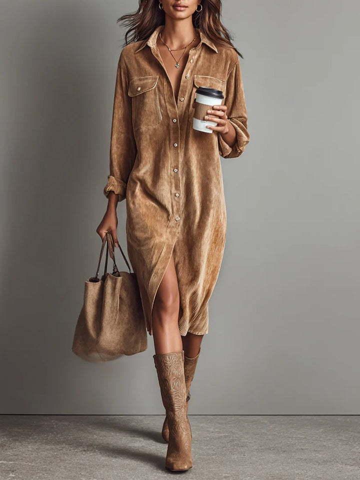 Nurcan - Abito Camicia Con Texture in Velluto a Coste e Tasche