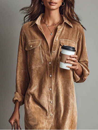 Nurcan - Abito Camicia Con Texture in Velluto a Coste e Tasche