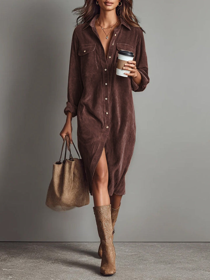 Nurcan - Abito Camicia Con Texture in Velluto a Coste e Tasche