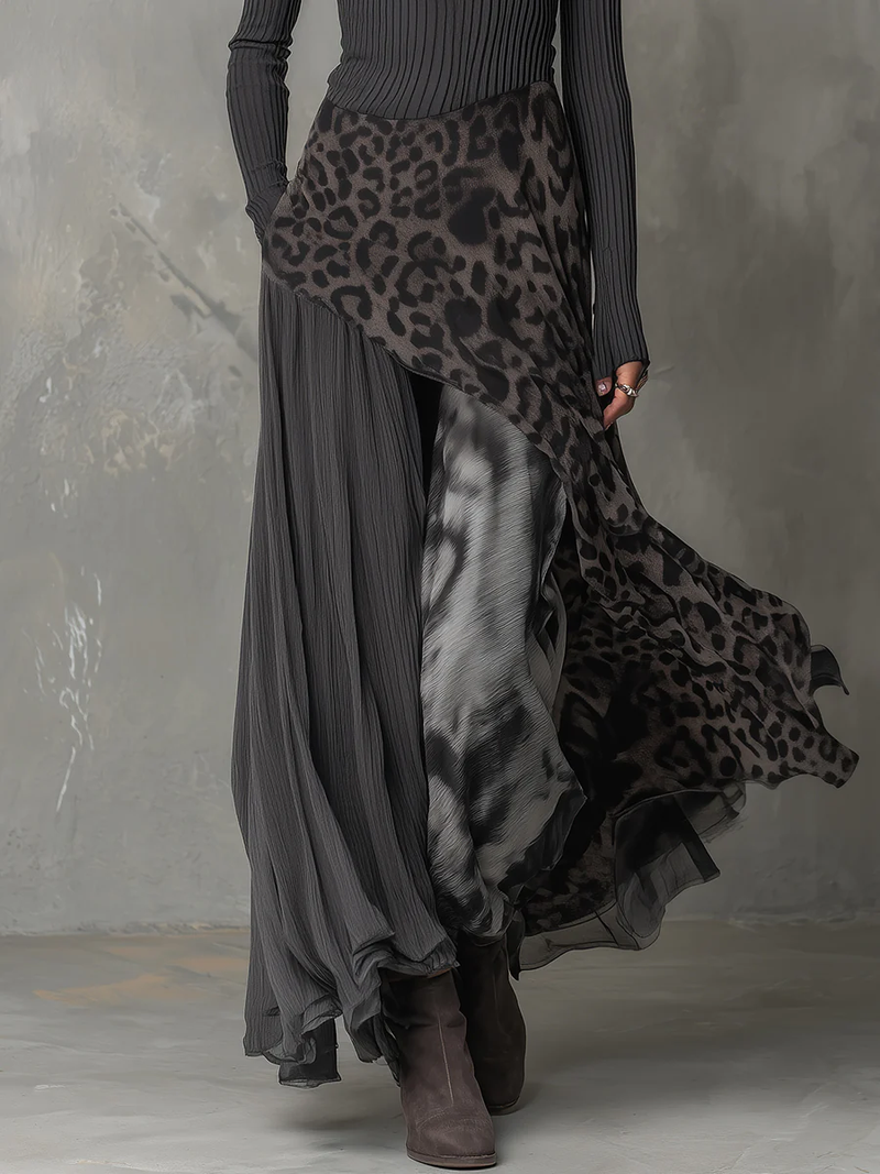 Nkem - Abito Lungo a Righe con Stampa Leopardata