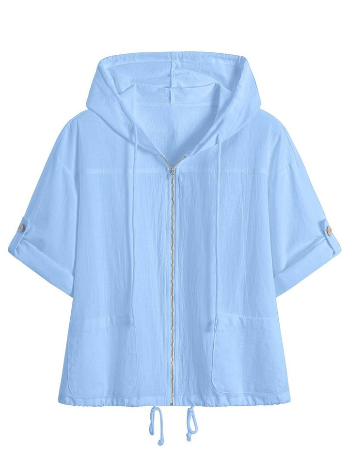 Senushi - Maglia Ampia a Maniche Corte Con Cappuccio e Zip