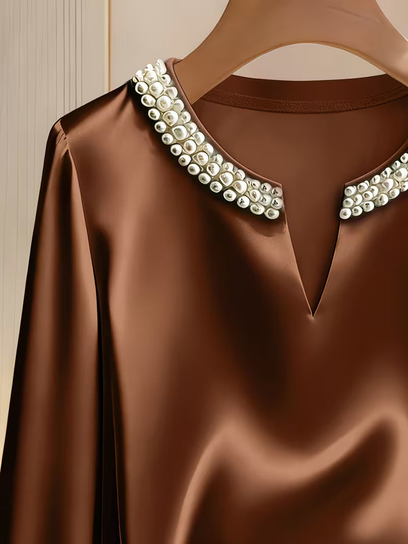 Avinaya - Elegante Camicia a Maniche Lunghe Con Collo Rotondo e Perle