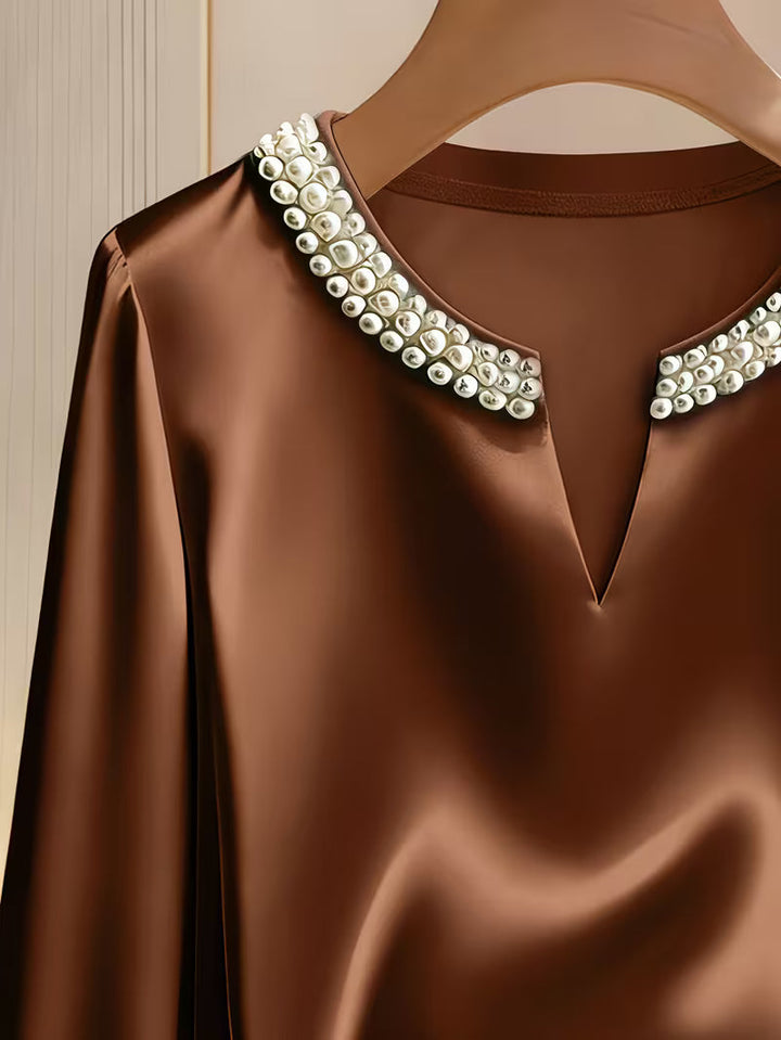 Avinaya - Elegante Camicia a Maniche Lunghe Con Collo Rotondo e Perle