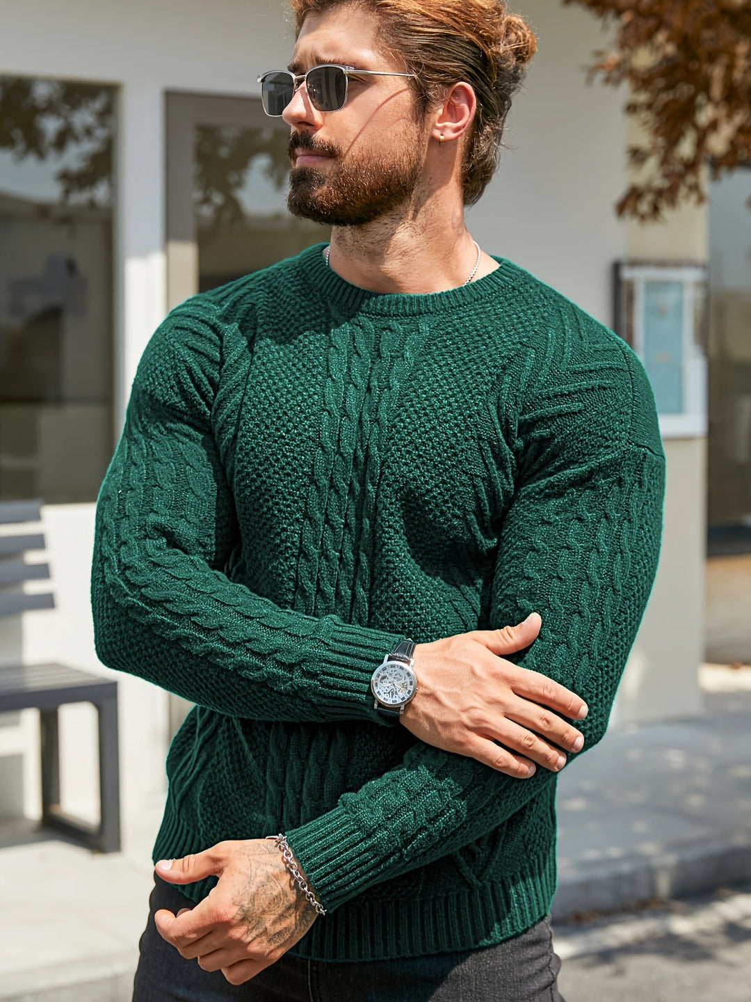 Eiduks - Maglione Classico a Collo Rotondo con Lavorazione a Trecce