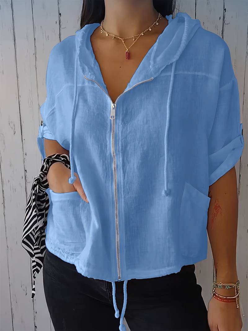 Senushi - Maglia Ampia a Maniche Corte Con Cappuccio e Zip