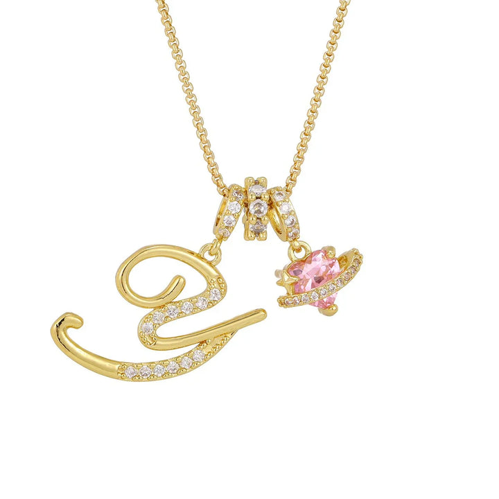 Nerute - Collana Con Iniziale e Ciondolo a Forma di Cuore Rosa